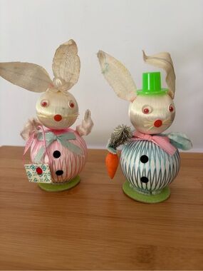 Vintage 50s Easter Bunny Figurines Set Decor Pink Blue Mid-century modern Japan